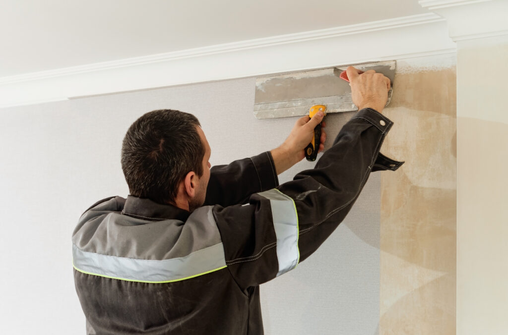 man is cutting wallpaper. maintenance repair works renovation in the flat. apartment renovation and restoration idea indoors. man is cutting wallpaper. maintenance repair works renovation in the flat. apartment renovation and restoration idea indoors.